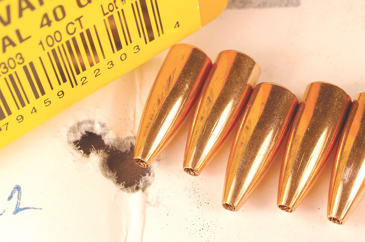 This 100-yard group shot with Berger 40-grain Varmint bullets and H-322 powder is tight enough to shoot the eye out of a gopher.